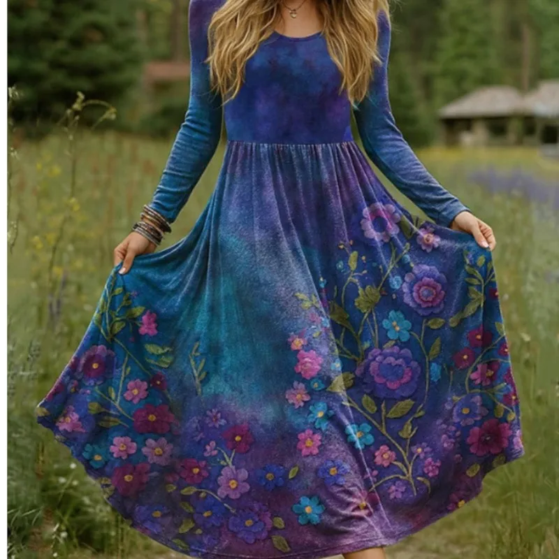 

Boho Long Dresses For Women 2025 Autumn New Fashion V Neck Casual Splice High Waist Loose Dress Vintage Print Vestidos Dress