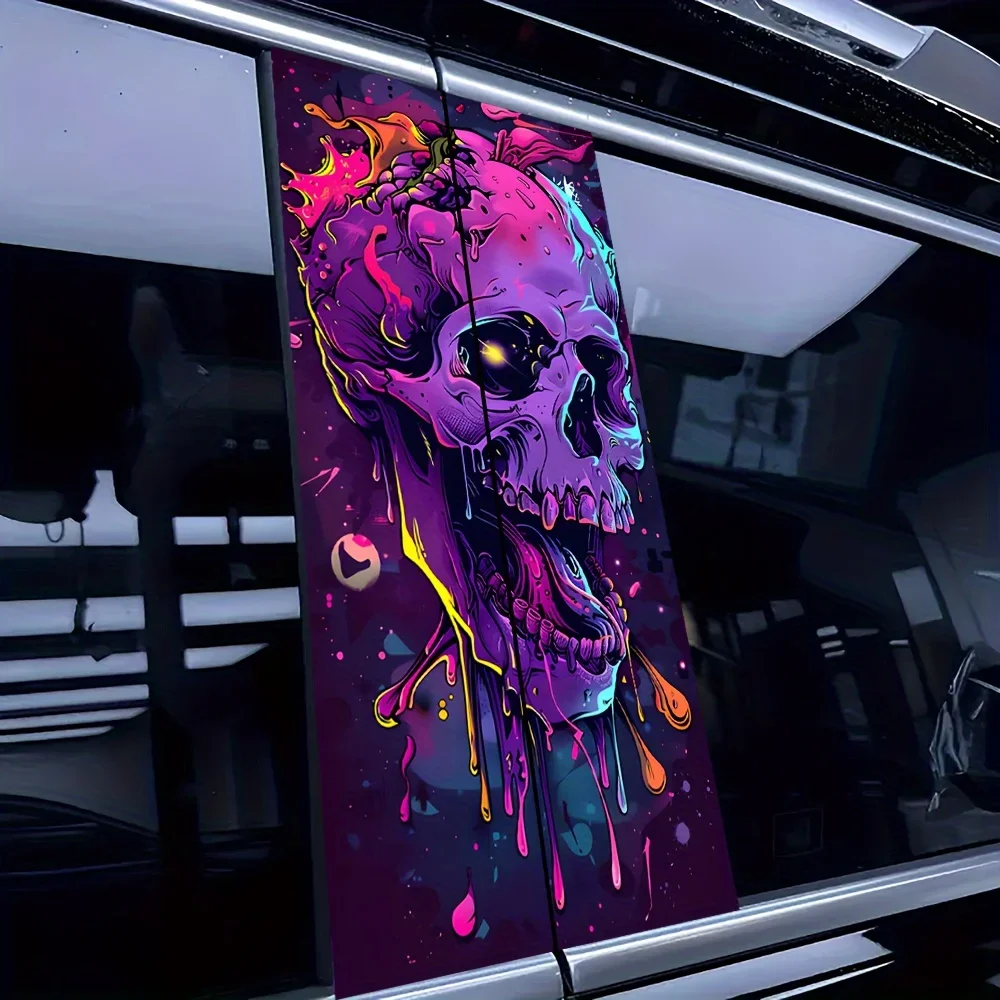 2-Piece Stylish Skull & Alien Vinyl Car B-Pillar Stickers, Durable and Scratch-Resistant for All Vehicle Exteriors