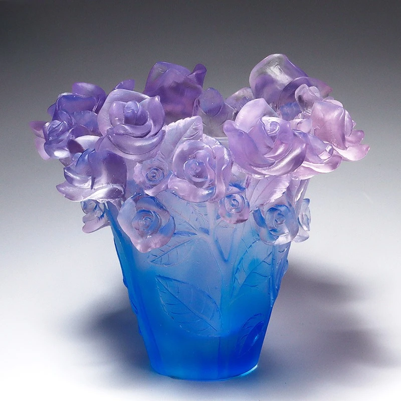Handcrafted Ancient Liuli Rose Vase Art Ornament, Traditional Lost-wax Casting Colored Glaze Vase Transparent Artwork Home Decor