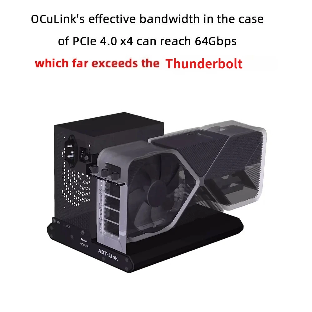 ADT-Link F9Q-BK10 OCuLink Interface SFF 8612 External Graphics Card Docking Station ATX Open Super Power PCIe 4.0 X4 Gen4 64Gbps