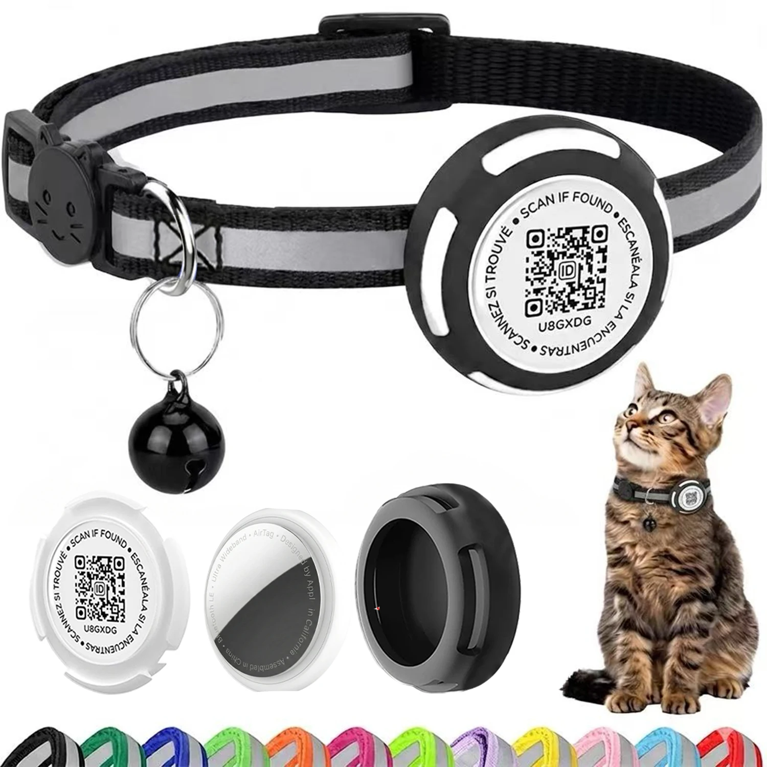 AirTag Cat Collar with Air tag Holder & Pet Name QR Code Dual Protection Reflective Pet Collar for Kitten Puppy (No Airtag)