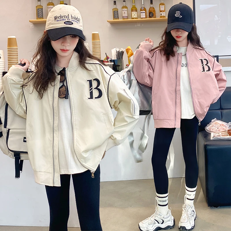 spring teen girls baseball jacket Beige pink fashion letter junior coat 4-14 kid outer wear child clothes overcoat youth topcoat