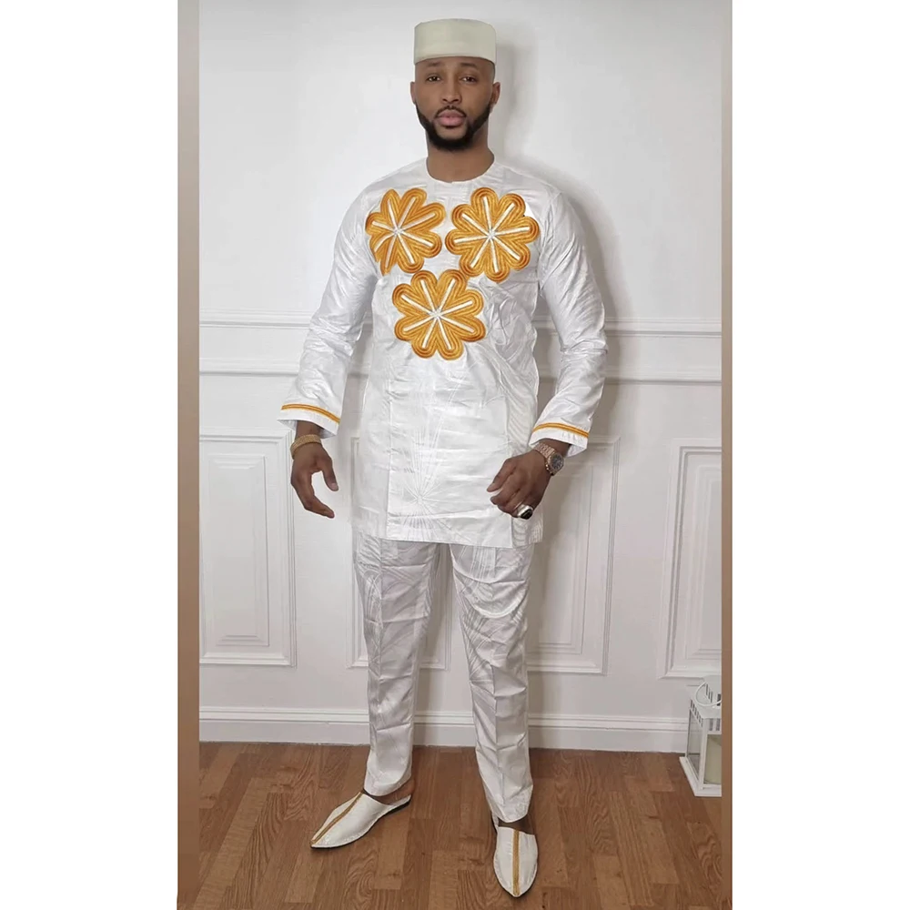 H&D African Clothes for Men Top Pant 2 Pieces Set African Tradition Men Outfit Riche Bazin Embroidery Shirt With Trouser Wedding