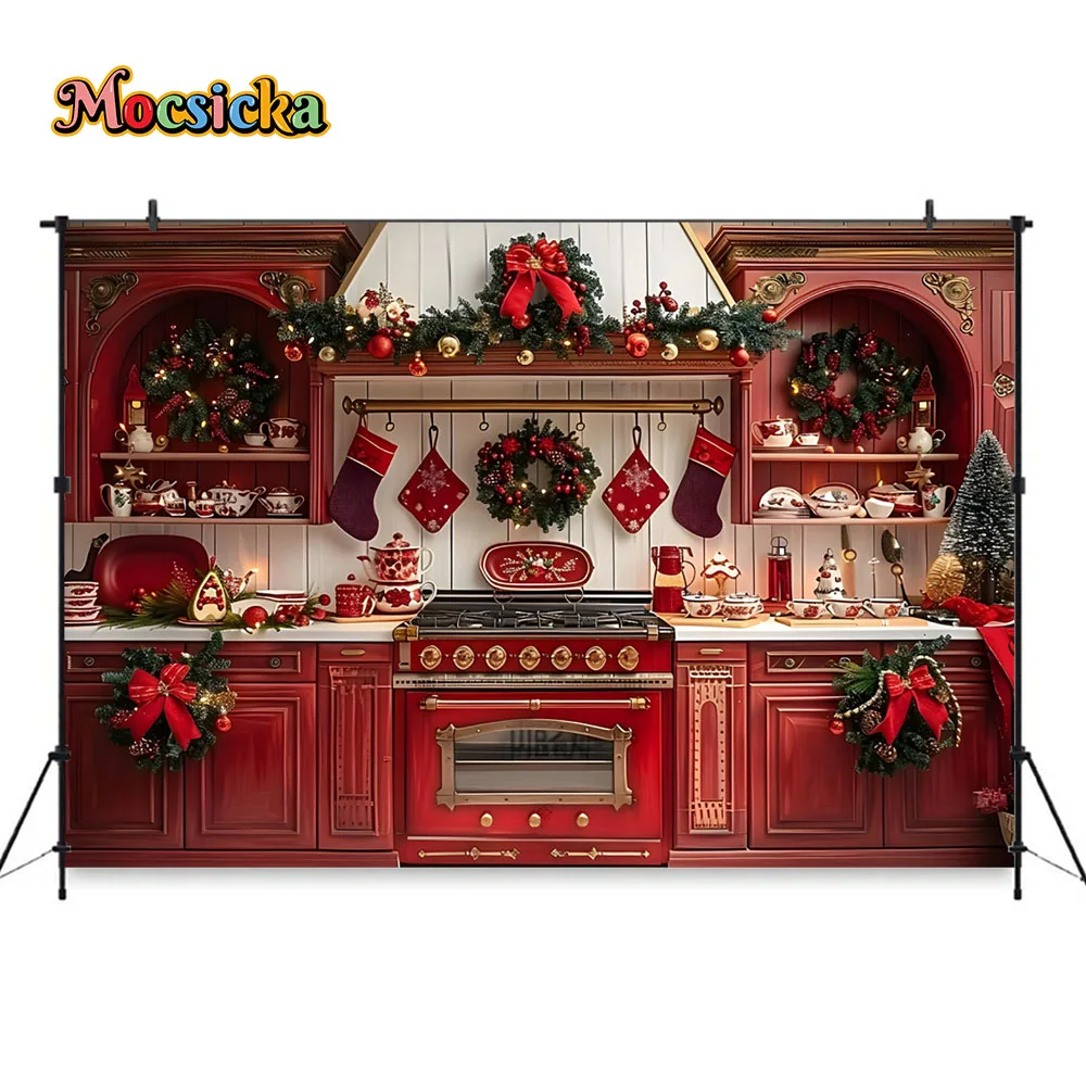 Red Christmas Kitchen Background Photography Studio Garland Xmas Tree Backdrop Decor Banner Winter Kids Birthday Party Photozone