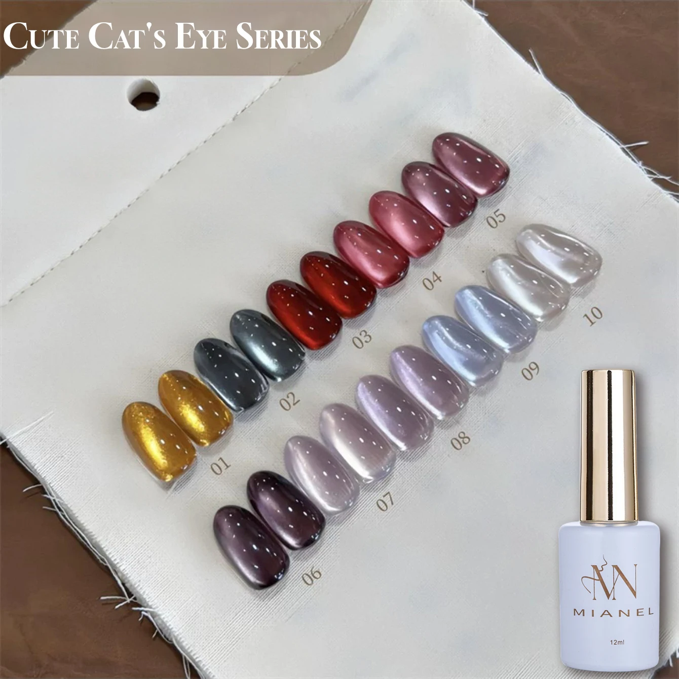 MIANEL12ML 1-10 stuks Lente Glazen Kraal Cat's Eye Gel Nagellak 2025 Nieuwe Stijl Leuke Huisdier Cherry Ruby ​ ​ Satijnen porseleinen witte nagels