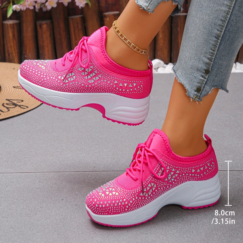 

High-heel Round-toe Crystal-studded Stylish Multi-purpose Comfortable Anti-slip Breathable Sports Casual Women's Single Shoes