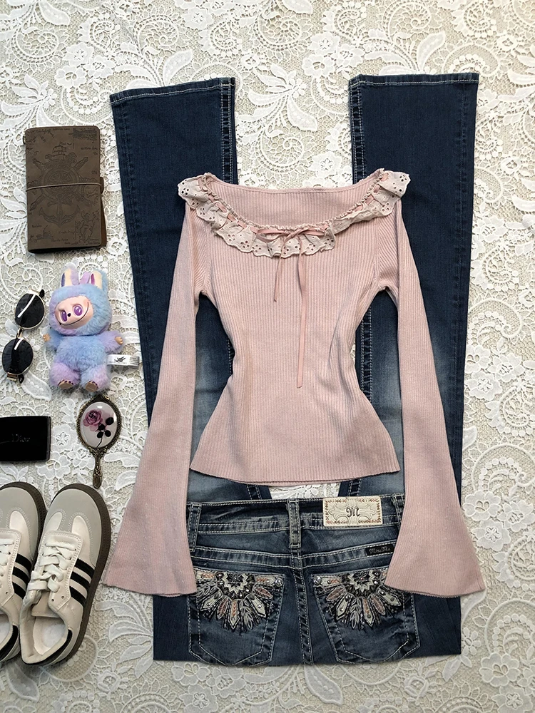 

Original Sweet Sle Long Sve Lace One oulder T irt Women's Vintage Design Knot Cotton Blend Autumn Top