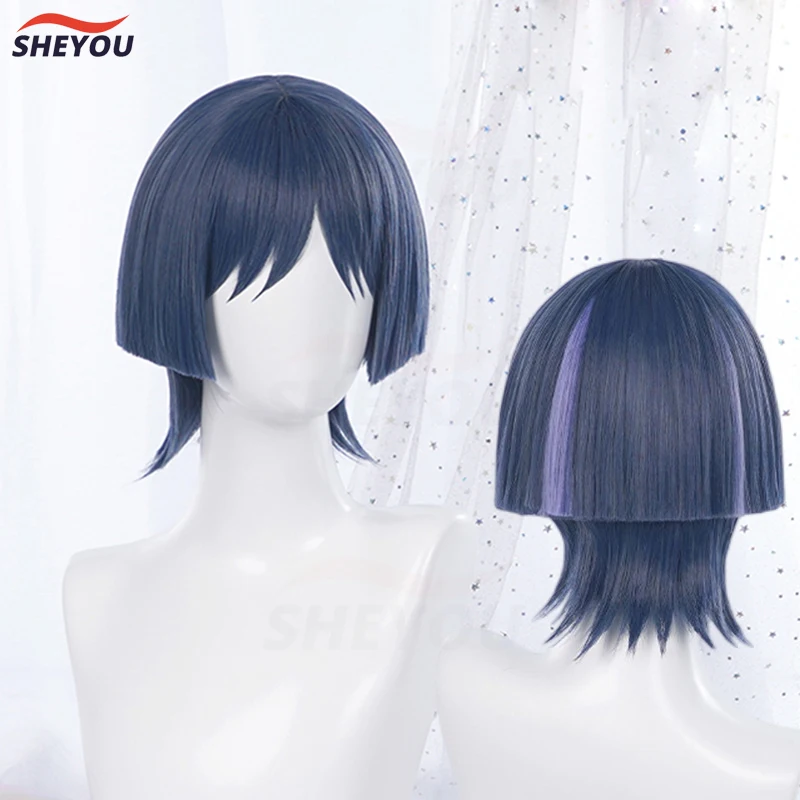 

Game Impact Cosplay Scaramouche Cosplay Wig 30cm Blue Purple Heat Resistant Synthetic Hair Halloween Anime Wigs + Wig Cap