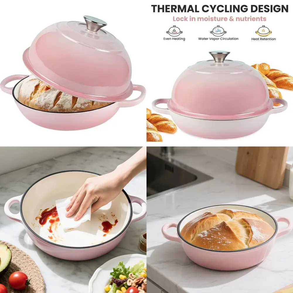 

Эмалированная чугунная голландская духовка для выпечки хлеба, 6 литров, безопасная в духовке до 500 ° F, Розовая крышка купола