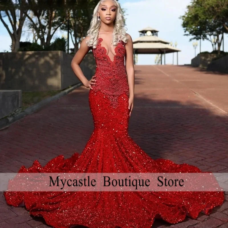 

Customized Red Sequins Long Diamond Prom Dress For Black Girls Crystal Beaded African Birthday Queen Gown Vestido De Noche