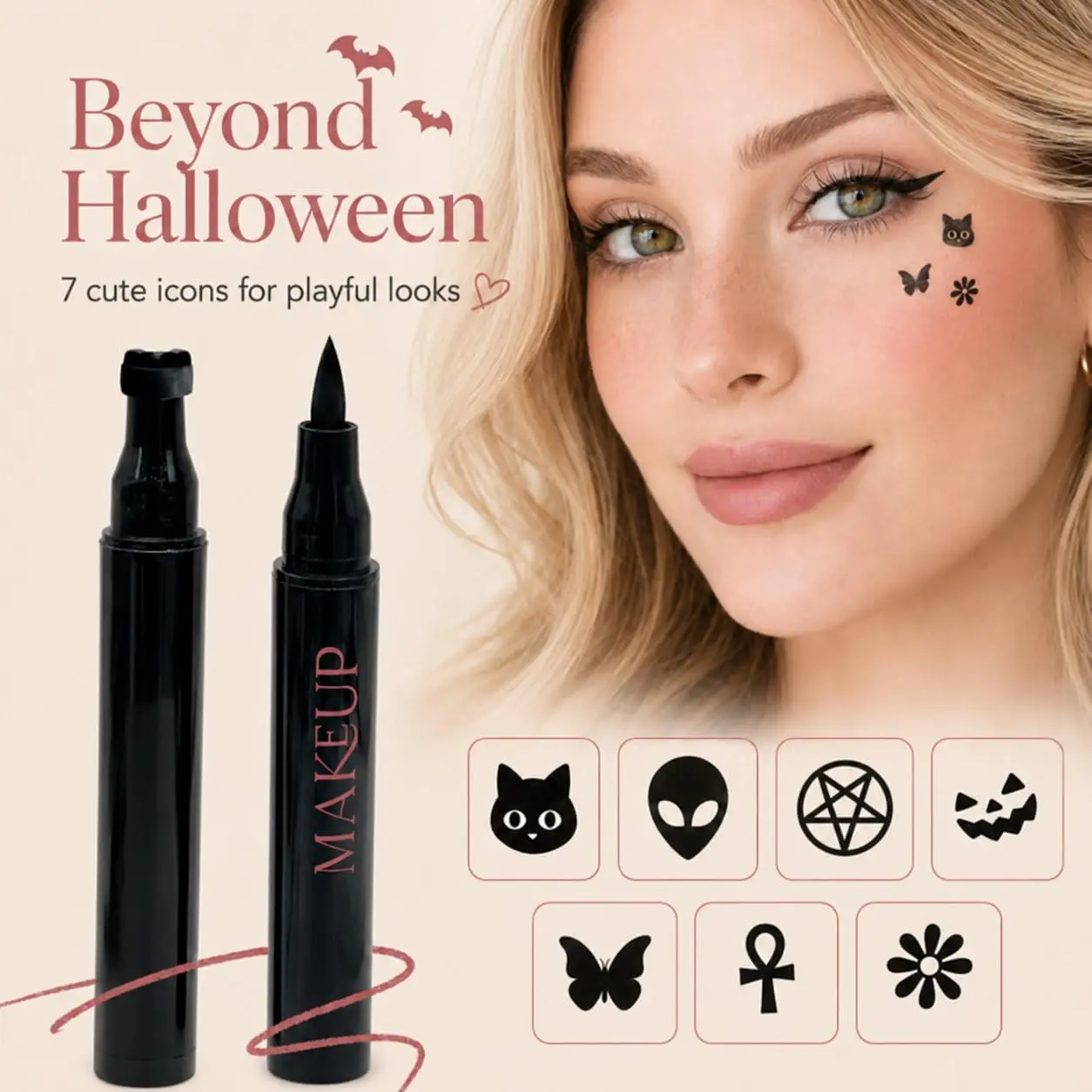Halloween Dual-Ended Stamp Eyeliner Waterproof Black Liquid Eyeliner Pen with Bat Face Tattoo Stamp, Long Lasting Smudge-Proof view 2