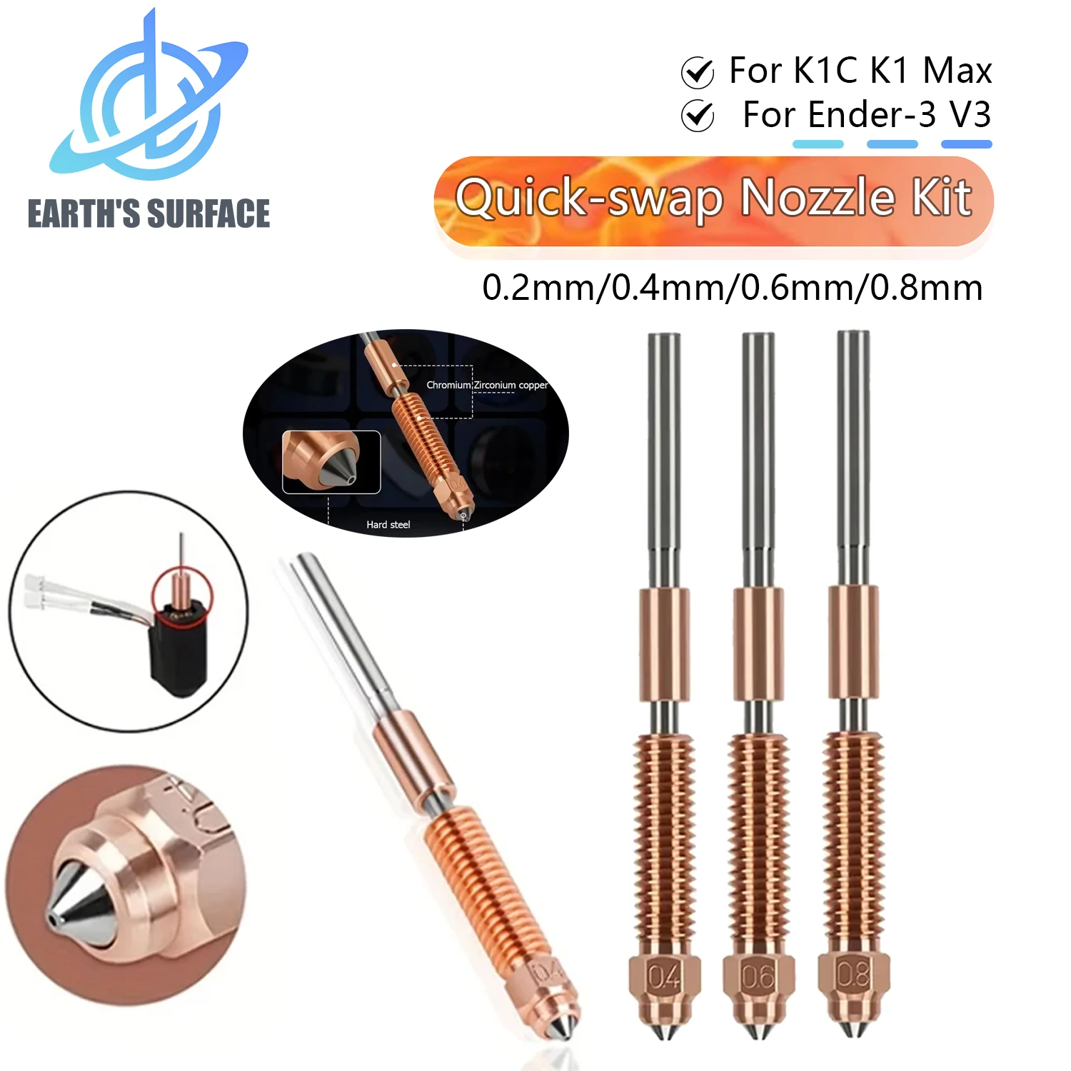 

Комплект быстрозаменяющихся насадок Сопло из закаленной стали 0,4/0,6/0,8 мм для 3D-принтеров K1C/Ender 3 V3/Ender V3 Plus