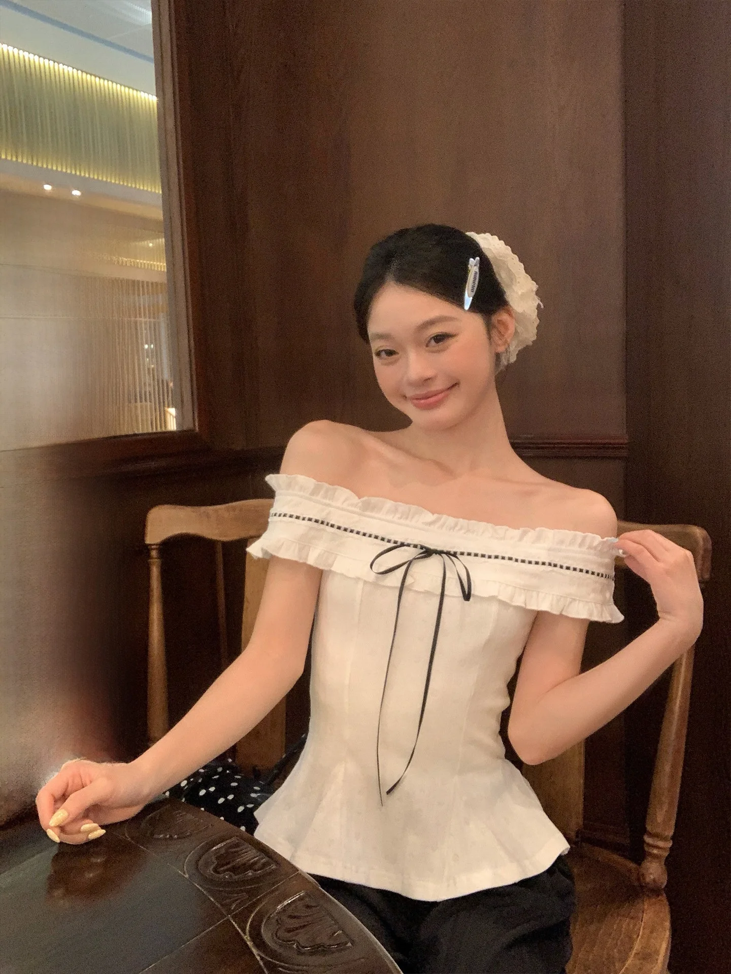 Song Zhengen Pure Desire White One-Shoulder Short-Sleeve T-Shirt Women's Summer Shoulder Bared Waist-Cinched Slimming Small Top