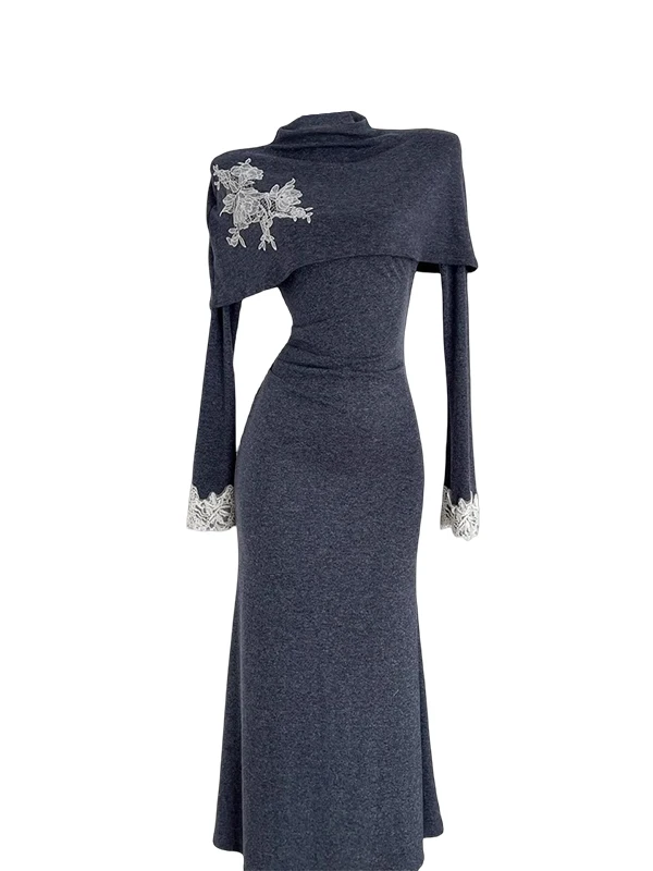 Ele Embroidered Knitted Long Dr Bodycon Fit Fi Tail Skirt High Waist Autumn Early Season Faionable Women's Dr