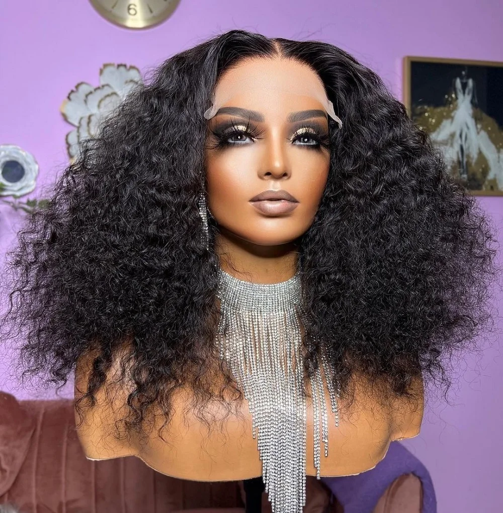 

Preplucked Glueless Soft 26Inch Long Black Kinky Curly 180Density Deep Lace Front Wig For African Women Babyhair Daily Cosplay