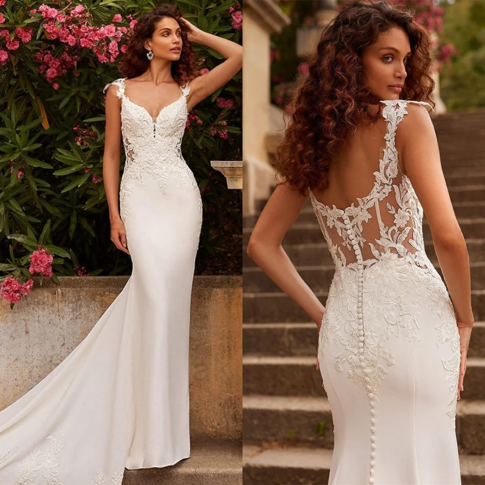 

Customized White Jersey Applique Wedding Party Mermaid V-neck Long Dresses Exquisite Luxury Temperament Charming Dress