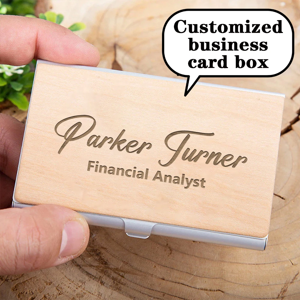 1PC Workplace Customized Text Occupation Laser Dark walnut color Wooden Ornament Business card holder For Office Supplies