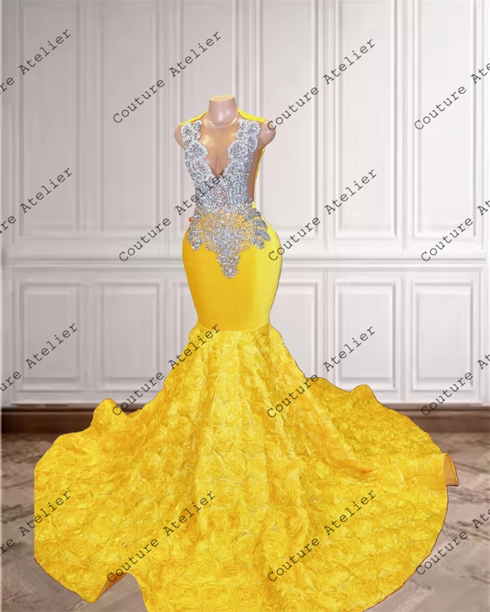 Bright Yellow Rose Long Prom Dresses For Black Girls 2024 Luxury Crystal Beaded African Birthday Queen Gown vestidos Customized