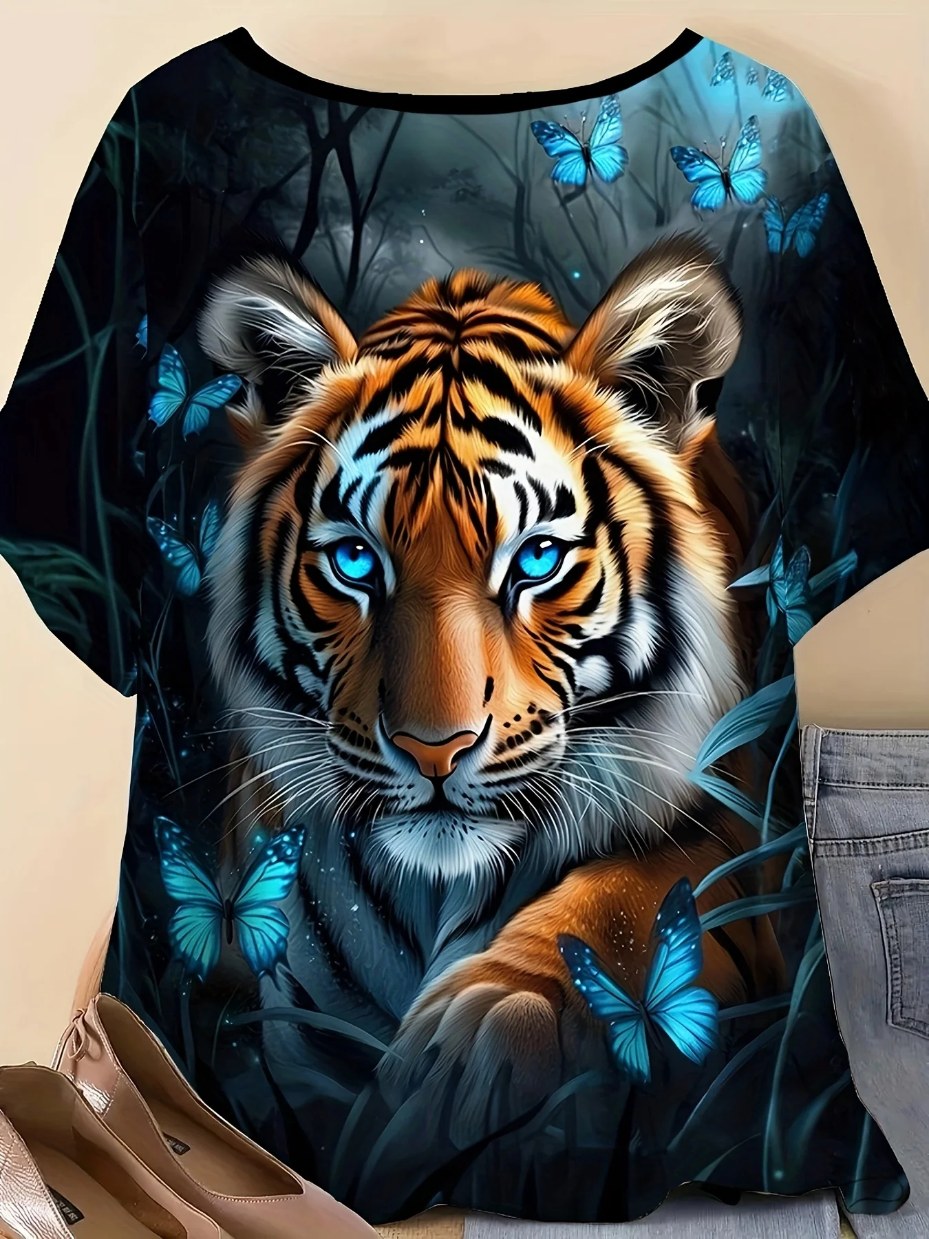Women T‑Shirt 3D Tiger Head With Blue Butterfly Jungle Animal Print Short Sleeve Crew Neck Casual Summer Tops