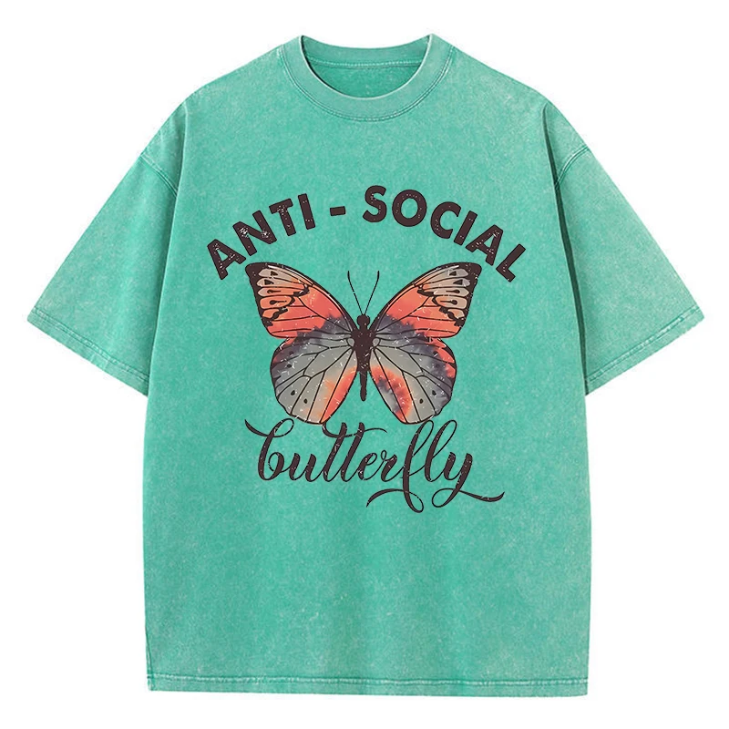 

Anti Social Butterfly Printed Washed T-Shirts Womens Cotton Oversized Tops Comfortable Distressed O-Neck T Shirts Summer Clothes