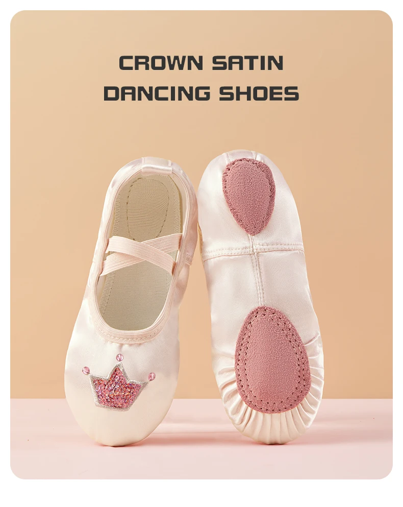 Kindertanzschuhe mit weicher Satin-Sohle, Kronenmuster, rosa Ballettfigur, Übungstanzschuhe, süße Tanzschuhe für Mädchen – Detail 1