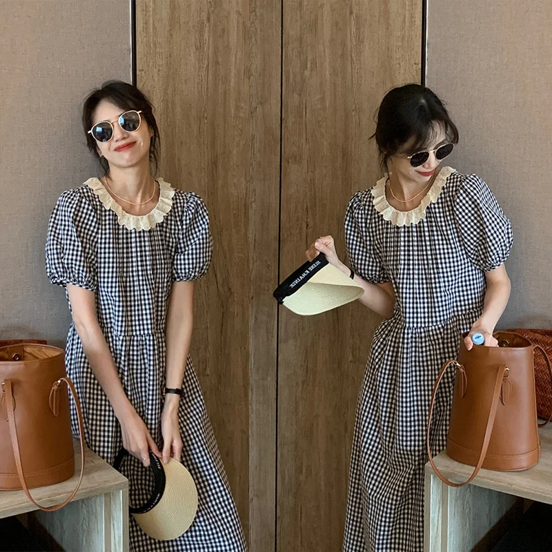 

Summer Short Sleeve Preppy Style Pregnant Women's Beach Dress Loose Lace Peter Pan Collar Black White Plaid Maternity Dress