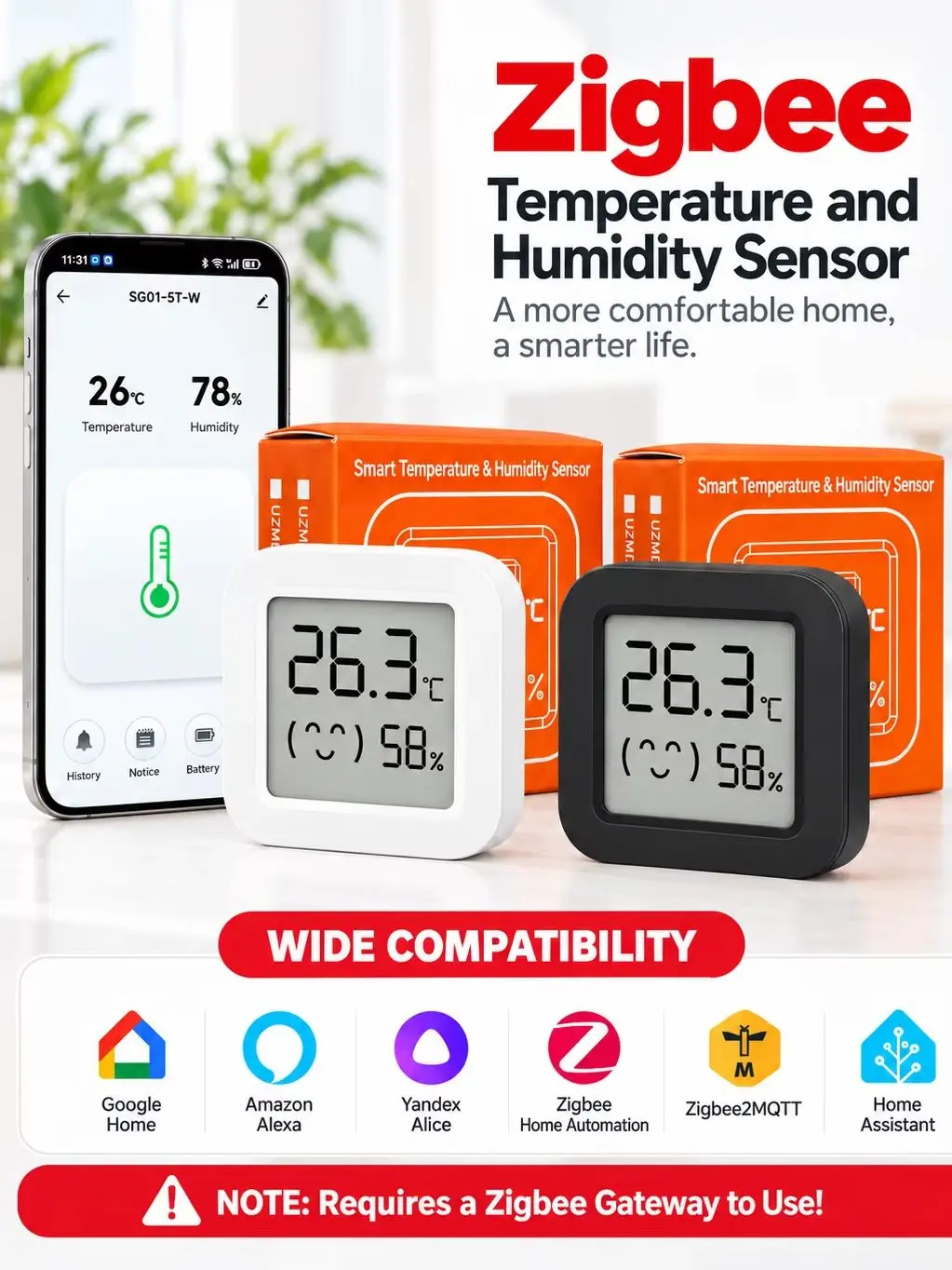 Mini-Zigbee-3.0-Sensor, Temperatur- und Feuchtigkeitssensor. Zigbee-Gateway erforderlich. Kompatibel mit Yandex Zigbee2MQTT, Alexa und SmartLife.