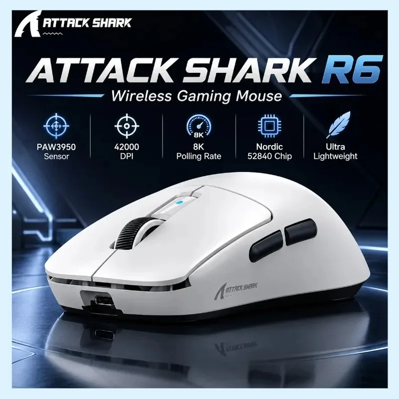 ATTACK SHARK R6 Ergonomic Wireless Gaming Mouse PAW3395 8K Polling Lightweight 42000DPI for PC Mac FPS Competitive Game Play