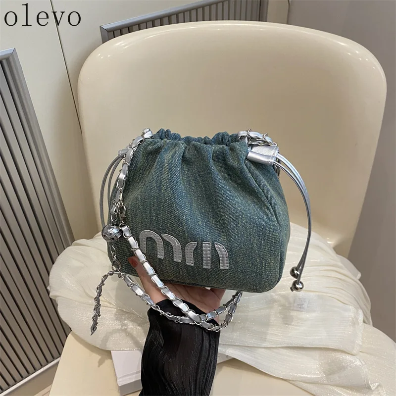 

New Chain Crossbody Bag for Women Fashion Pleated Mini Bucket Bag Canvas Denim Shoulder Bag Handbag Purses Lady‘s Clutches Bag