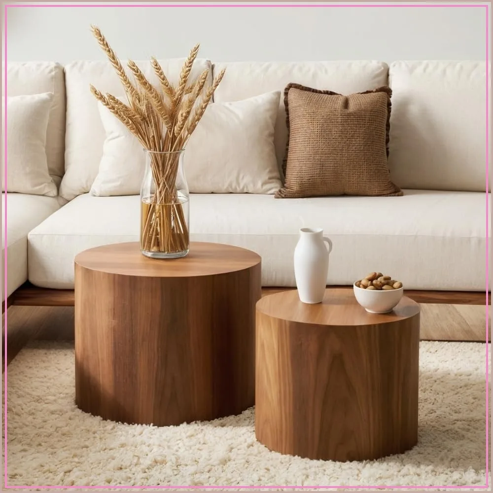 Nesting Coffee Table Set of 2, Modern Round Wooden Accent Tables with Non-Slip Feet for Small Spaces