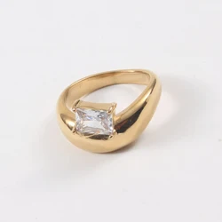 Unique Arched Surface Rectangle Zircon Ring for Women PVD Gold Plated Stainless Steel Wedding Ring