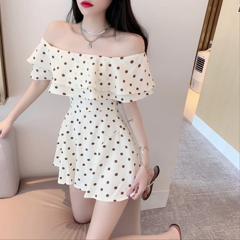 

Summer New Korean Off Shoulder Playsuits Women Temperament Ruffles Chiffon Polka Dot Rompers Sexy Ladies Playsuits