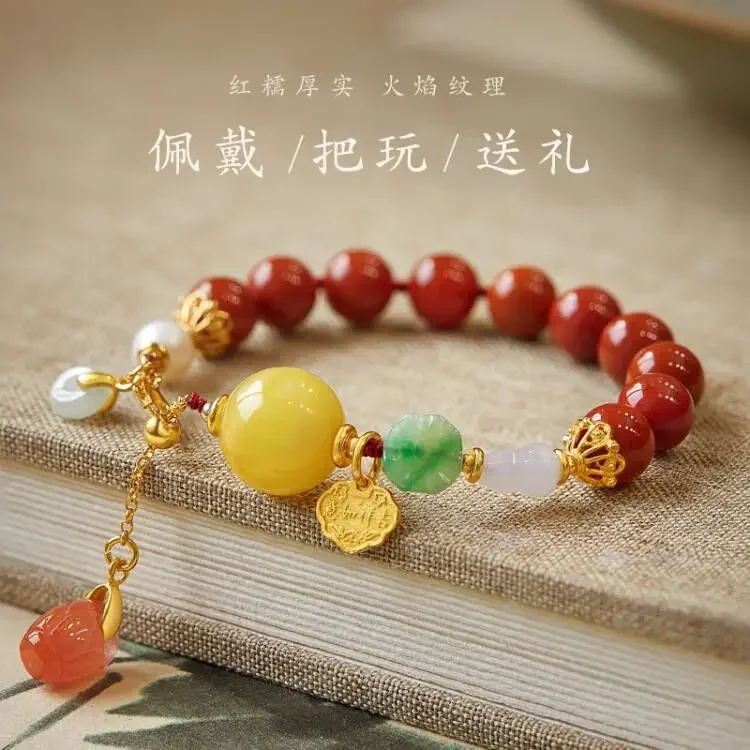 

Mencheese Multi Jewels Bracelet Beeswax Jade Gourd with Pearl Southern Red Agate Buddha Beads Blessing Card Lucky Beads Ornament