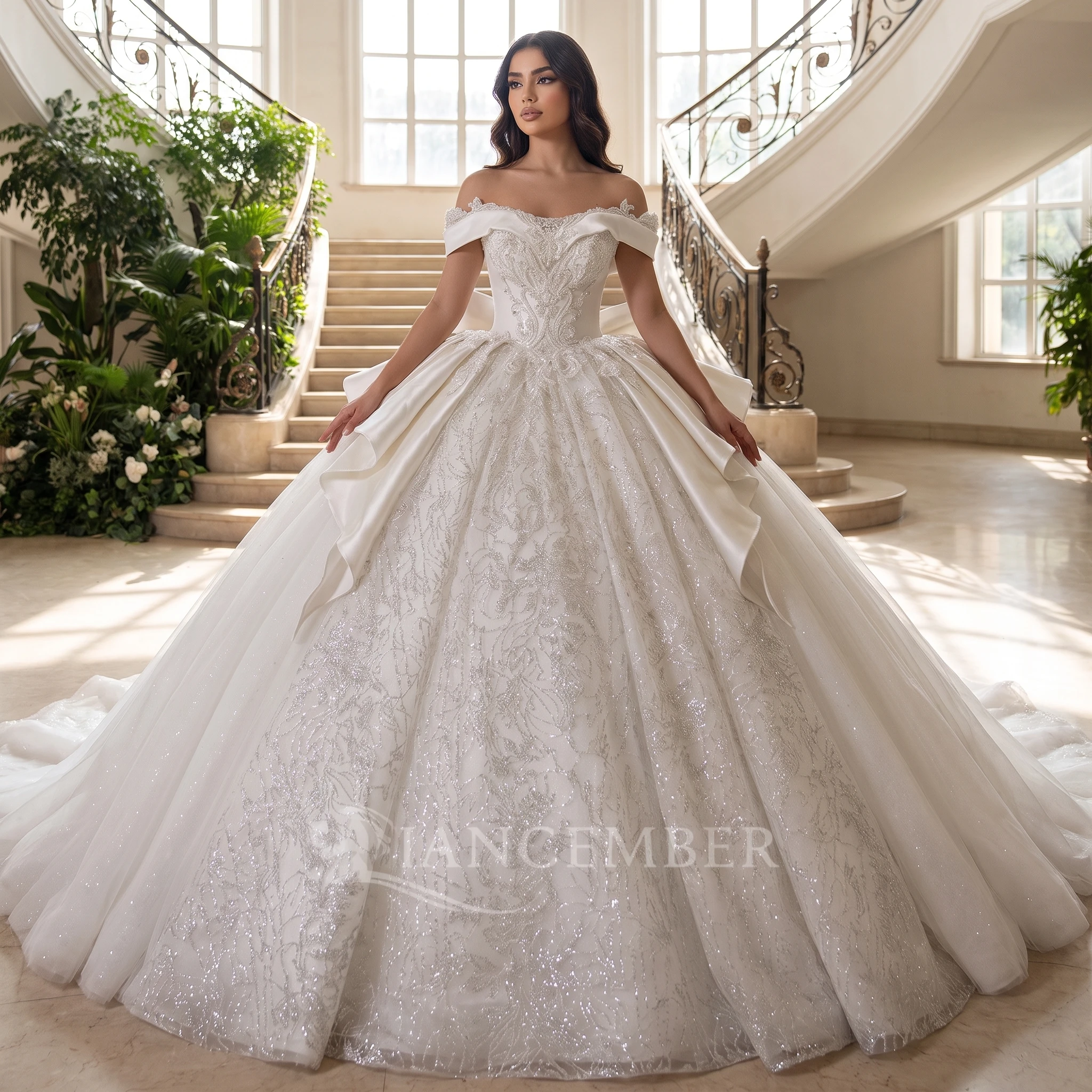 Luxury Sequins Beading Wedding Dress Cathedral Bridal Gowns Ruffles Customized Short Sleeves Vintage Queen vestido de novia