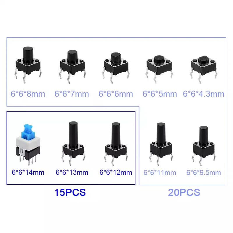 10 kinds of 180 push button switches, direct plug tact switch, push button switch classification box kit 6*6mm 7*7mm