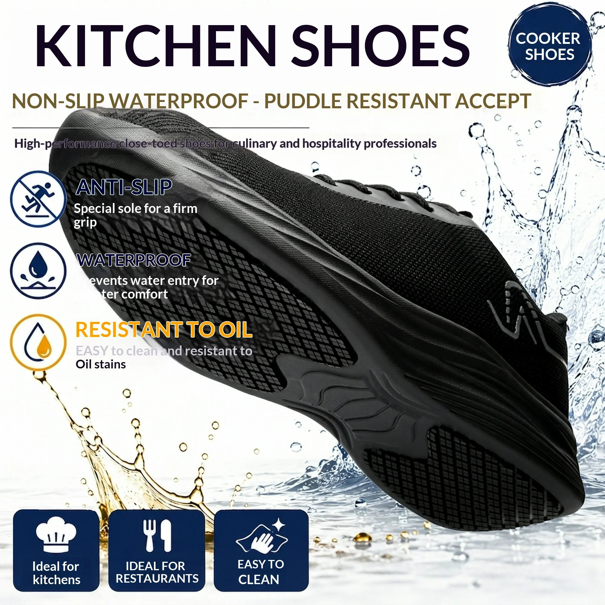 Waterproof Lightweight Never slip on greasy kitchen floors | Non-slip cooking work shoes