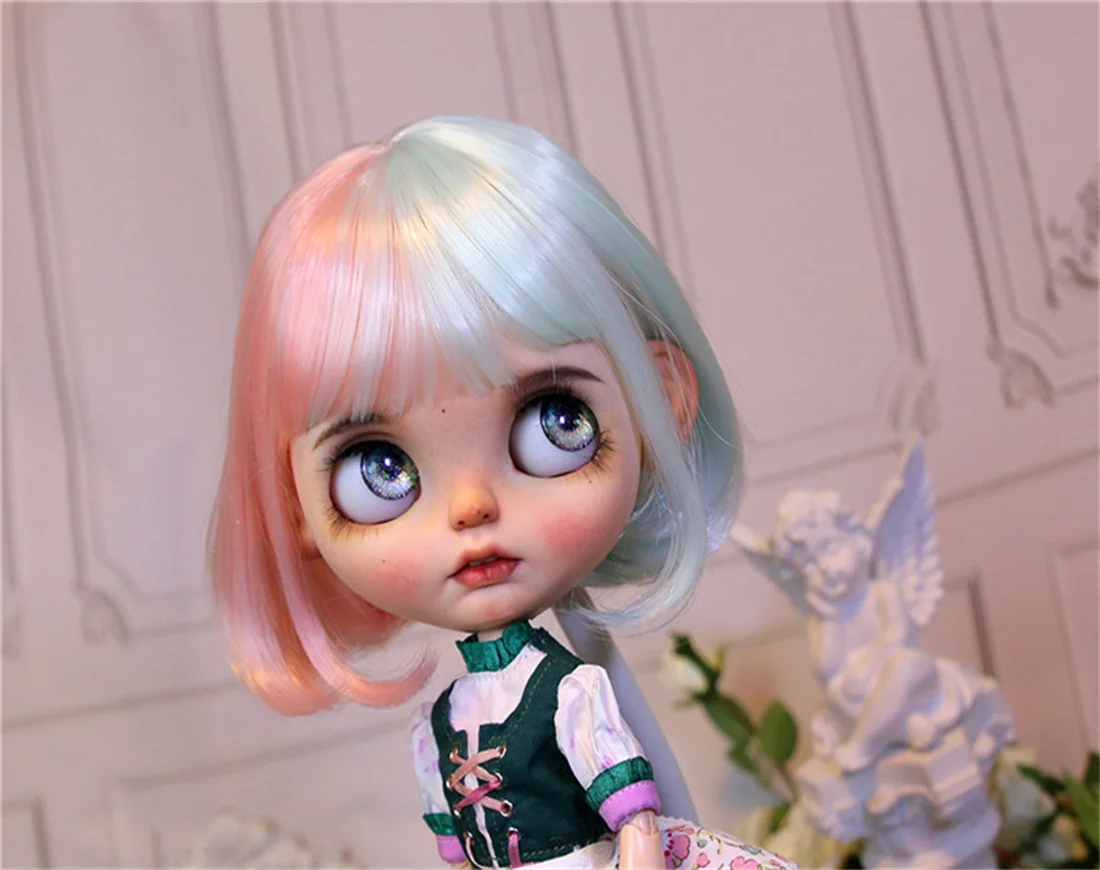 

BJD doll wig fits Blythe doll 9-10in Size Cherry Blossom Mint High Quality High Temperature silk patchwork Bob doll accessories