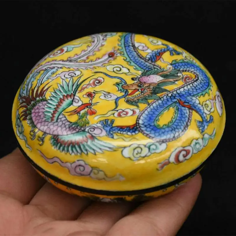 Marked Chinese Bronze Cloisonne Enamel Fly Dragon Phoenix Rouge Box Powder Boxes