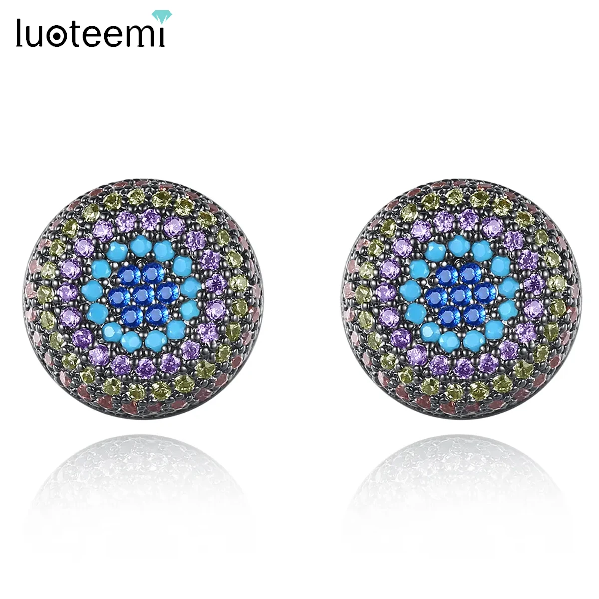 LUOTEEMI Korean Fashion Blue Cubic Zircon Round Stud Earring for Women Girls Korean Fashion Jewelry Hip Hop Teens Christmas Gift