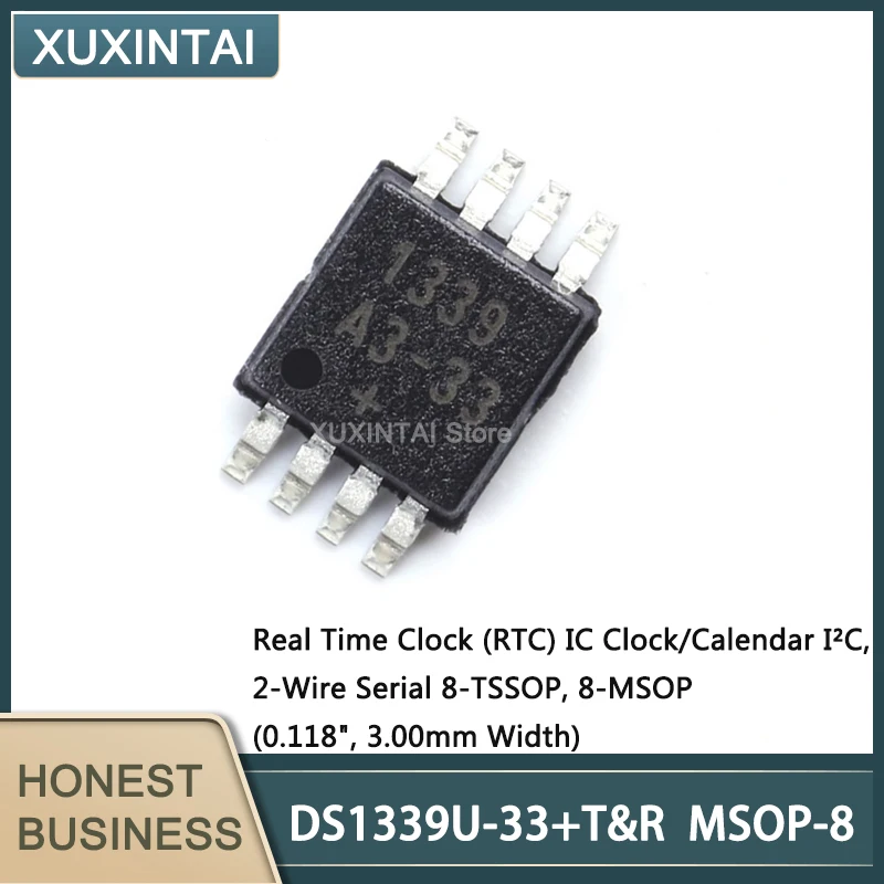 10Pcs/Lot  New Original  DS1339U-33+T&R DS1339U  MSOP-8 	 Real Time Clock (RTC) IC Clock/Calendar I²C, 2-Wire Serial