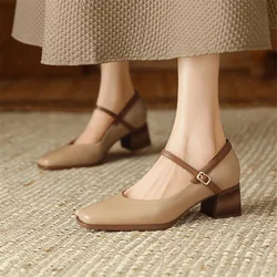 New Genuine Leather Vintage Women Shoes Fashion Square Toe Pumps Chunky Heel Spring Shoes Women Zapatos De Mujer Mary Jane Shoes