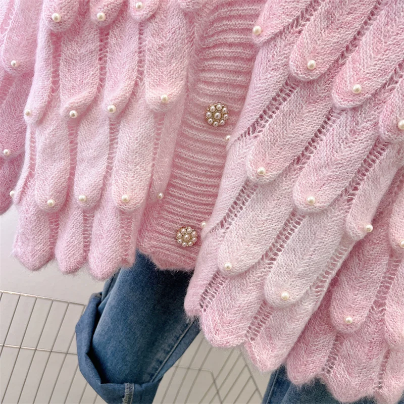 Chic Design Sweet Pink Sweater Jacket Women Streetwear Jacquard Beaded V-neck Knitted Cardigan Outerwear Tops