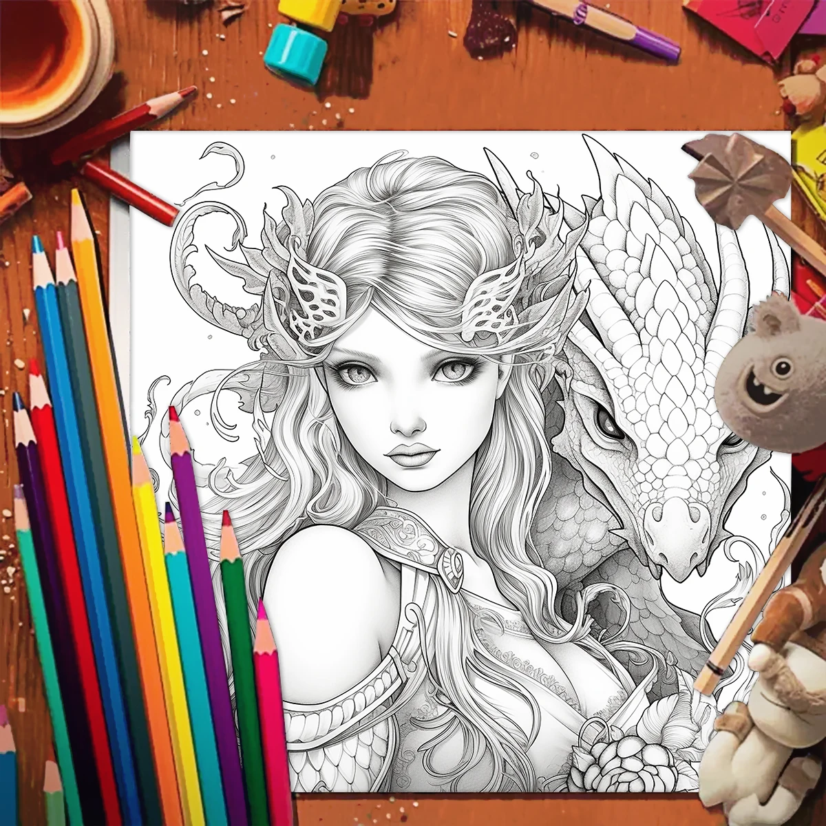 1PC Dragon Girls Coloring Book Drawings for Kids Teens Adults Creative Inspirational Stress Relief Relaxation 20 Pages