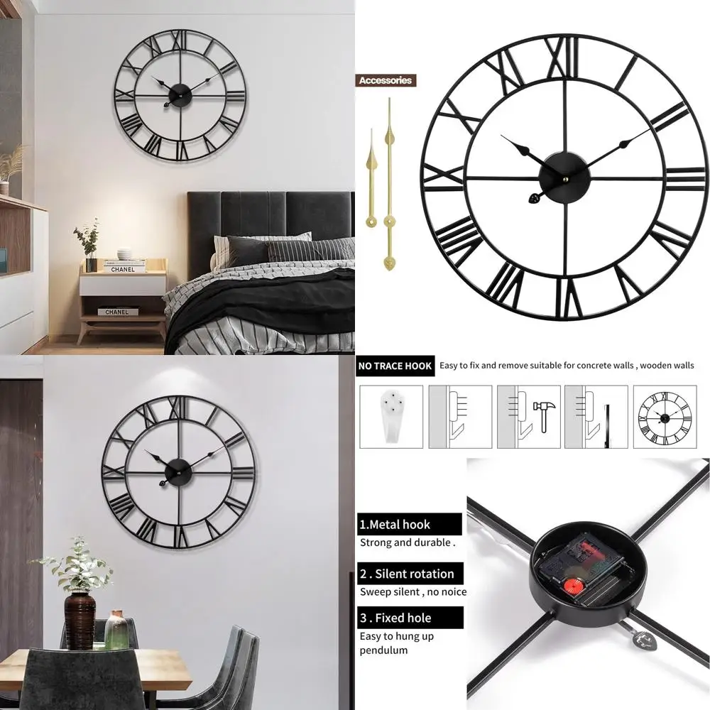 

Large Wall Clock Metal Retro Roman Numeral Clock, Modern Round Wall Clocks Almost Silent, Easy to Read for Living Room/Home/Kitc