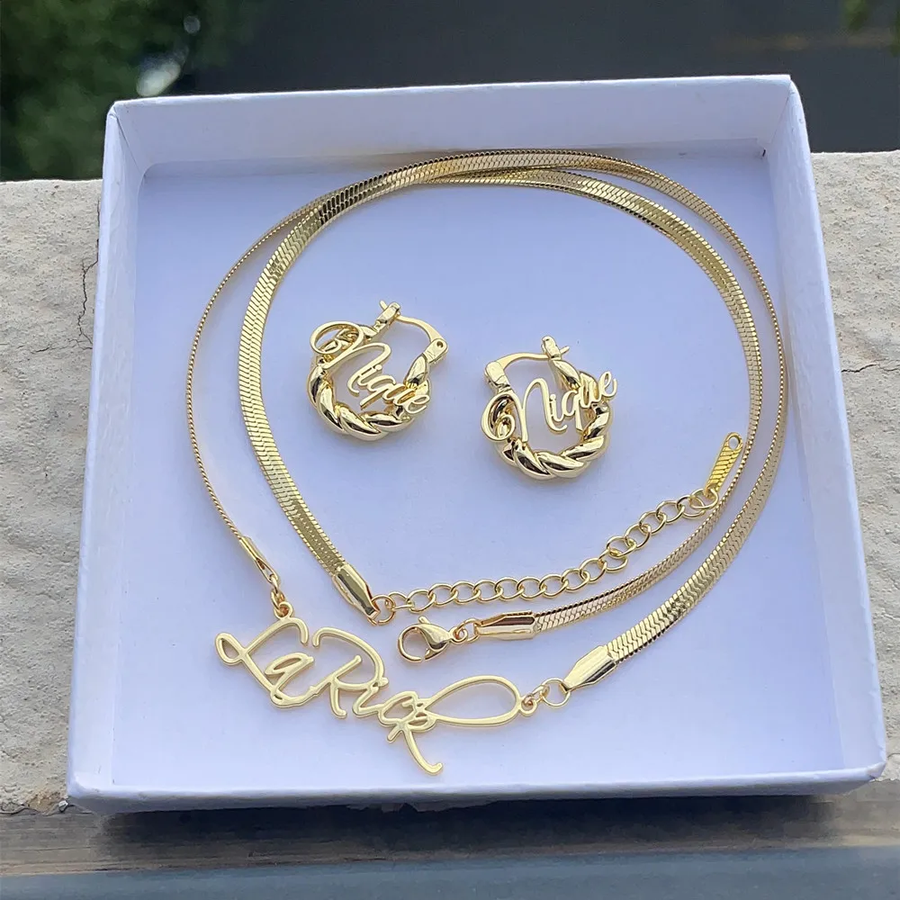 

Lulu's Custom Name Jewelry Set for Girls Mini Twist Hoop Earrings Cute Personality Letter Nameplate Necklace Snake Chain Gift