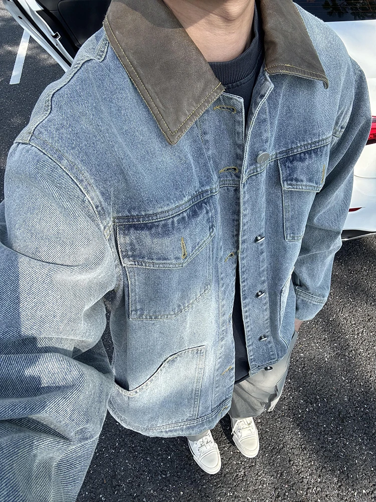 

Waed Denim PU Leather Collar Jaet Men's Casual Sle Long Sve Regular Fit Autumn Outerwear with Multiple kets