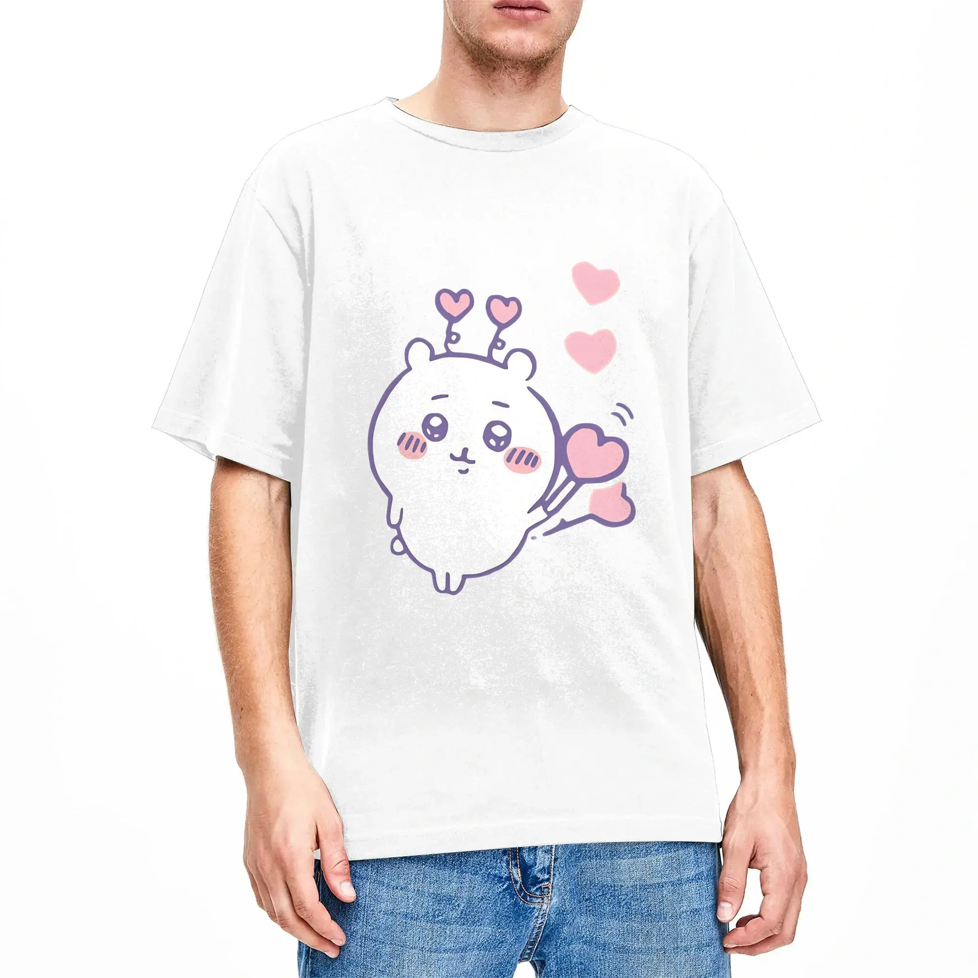 Chiikawas Valentine's Day  Love Heart  Hachiware Usagi T-Shirt Men Leisure Cotton Tees Round Neck Short Sleeve T Shirts Gift