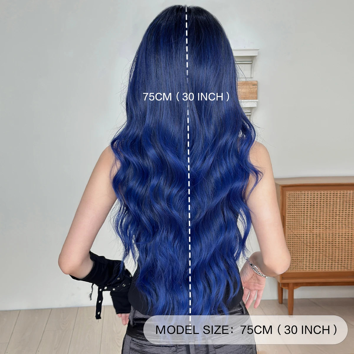 7JHH WIGS Long Water Wave Dark Blue Wig for Women Synthetic Modest Fashion Middle Part Wear and Go Wigs with Curtain Bangs - view 4
