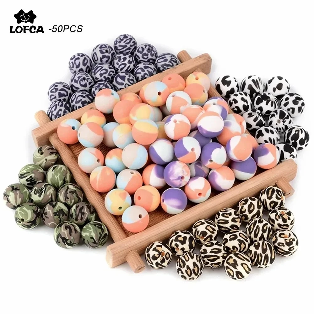 LOFCA 50pcs Tie-dye Leopard Terrazzo Dalmatian Camo Silicone Loose Beads Teething Beads Chewable Colorful Teething For Infant