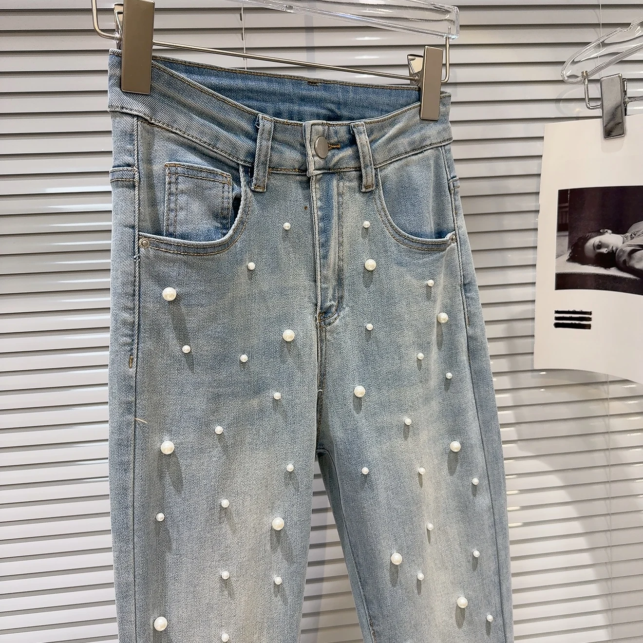 2025 primavera novo chique pérola grânulo renda calças borda jeans calças compridas femininas moda cintura alta chifre azul denim calças femininas